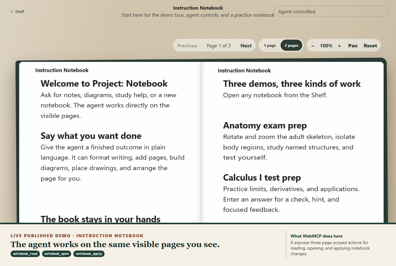 Project Notebook open to its WebMCP instruction pages